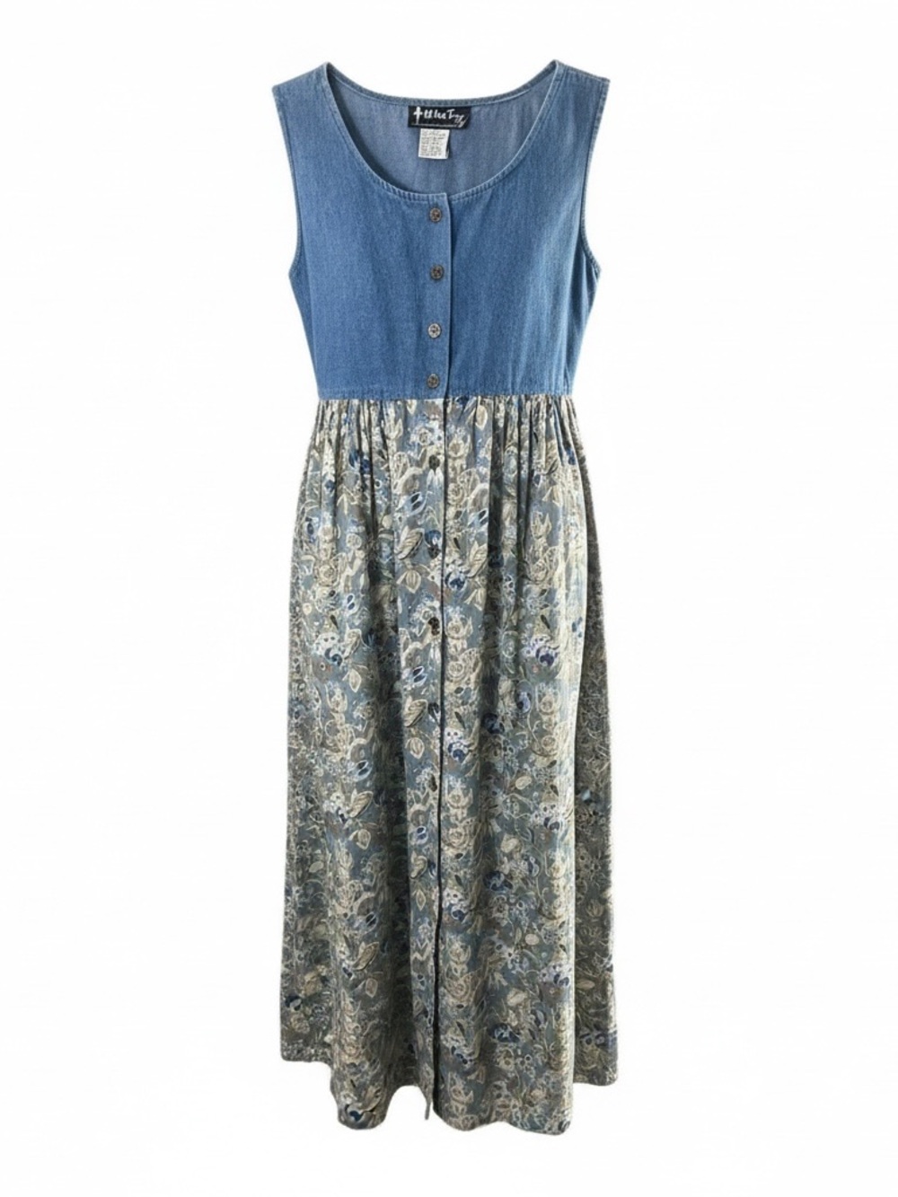 Vintage Denim Bodice Floral Maxi Dress with front slit